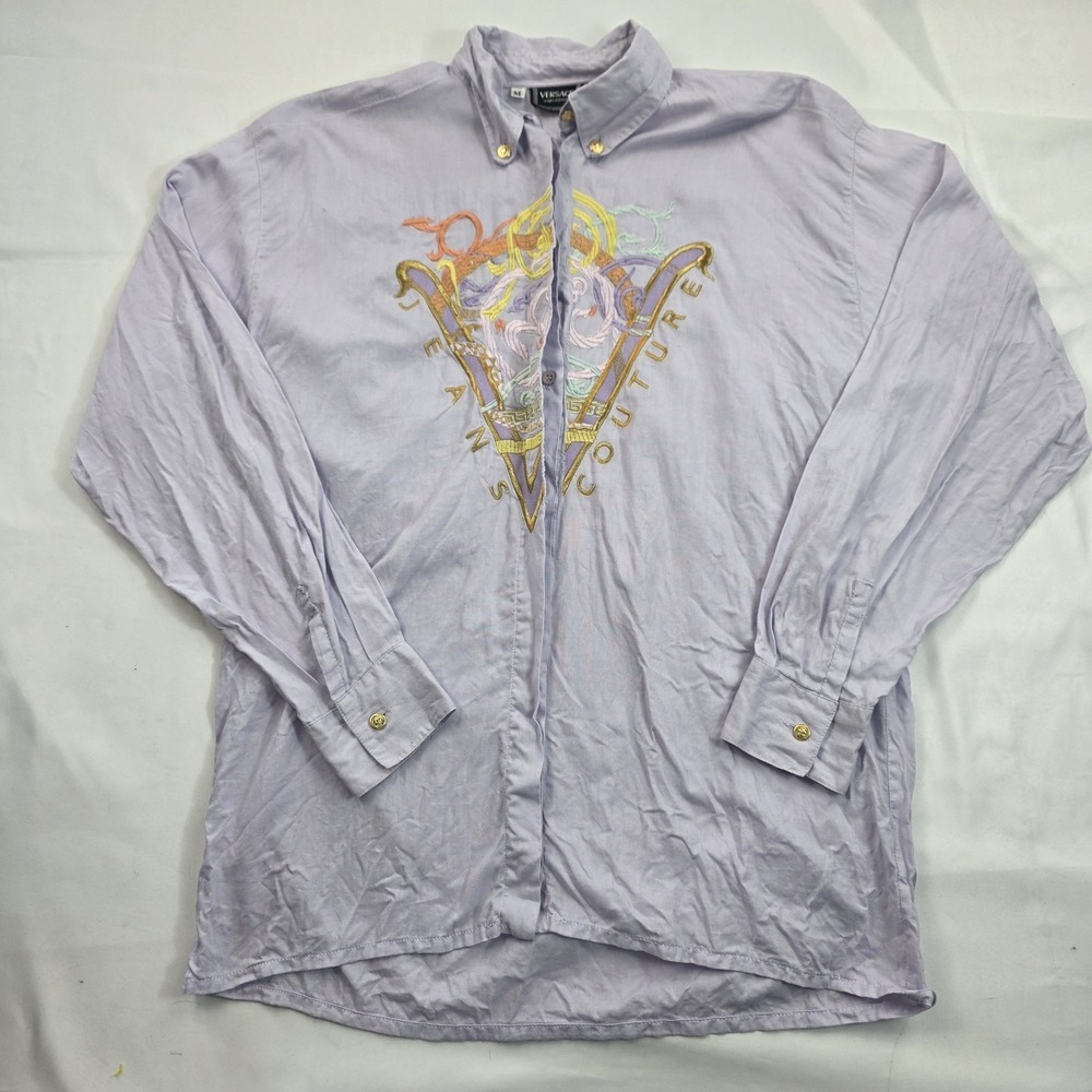 Versace Jeans Couture Shirt Mens Medium Purple Medusa Graphic Logo Button Up
